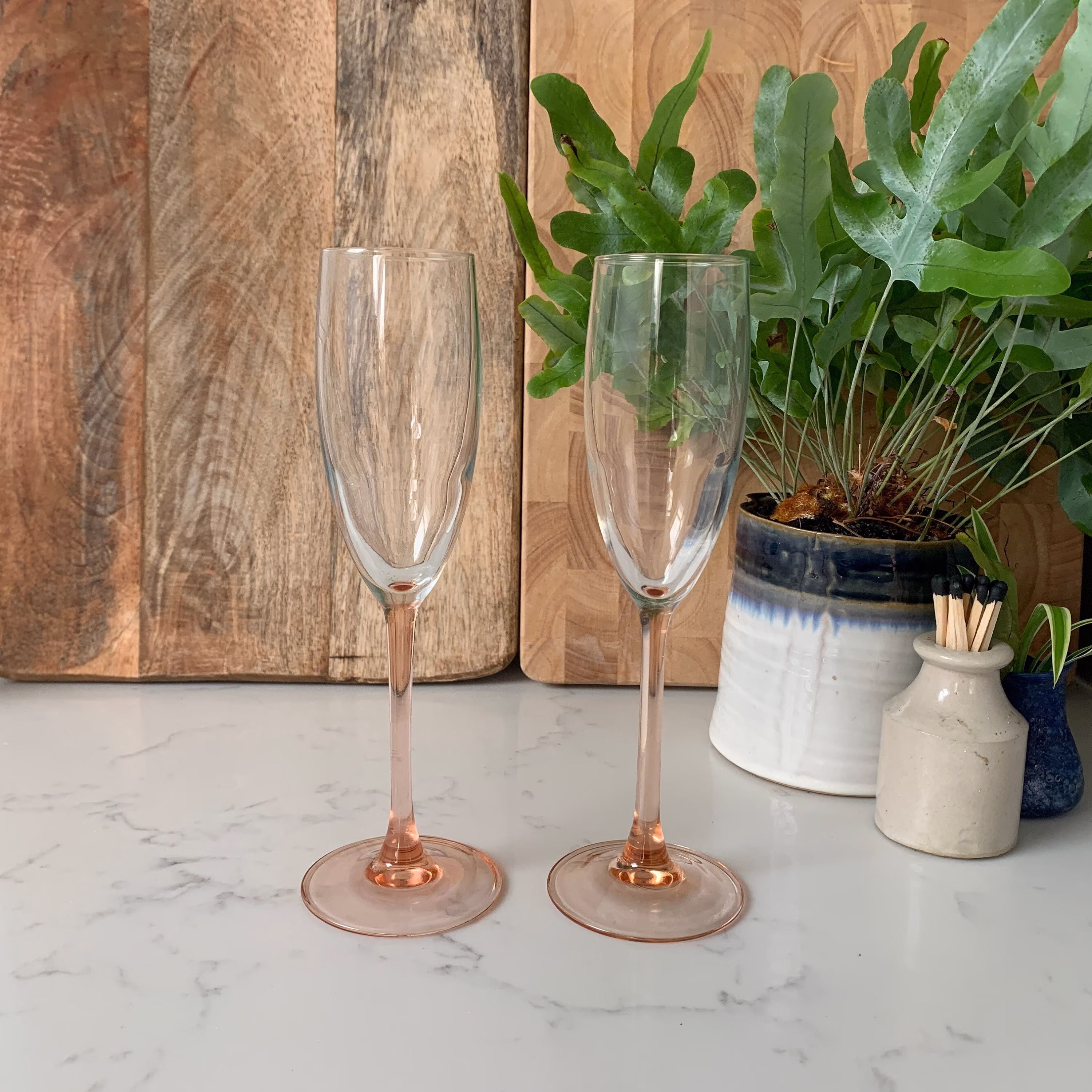 Vintage Luminarc France Blush Pink & Clear Champagne/Prosecco Glass Flutes Set Of 2 C1980S