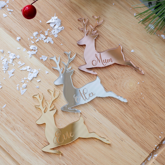 Christmas Place Name Settings - Personalised Reindeer Wedding Table Decorations Cards Wine Charm Favours Drinks
