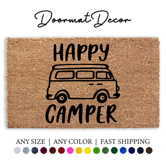 Happy Camper Rv Doormat, Flocked Coir Door Mat, Outdoor Welcome Custom Personalized Motorhome Doormat