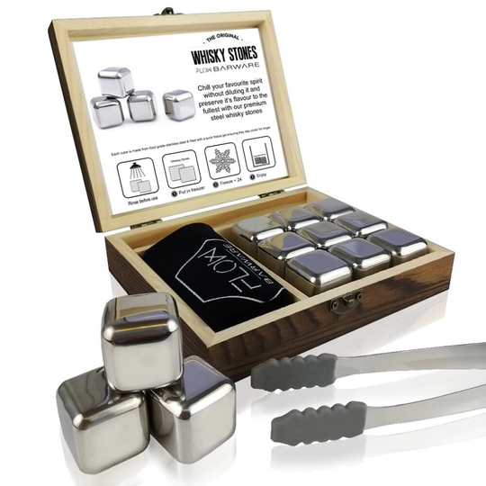 Stainless Steel Whisky Stones Gift Set with Wooden Presentation Box | Ice Cube Chilling Stone Rocks, Metal Reusable Ice Cubes
