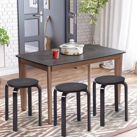 Set Of 4 Stacking Wooden Stools, Modern Round Bar Stool With Anti-Slip Foot Mat, Breakfast Dining Chair For Home Kitchen Office (Dark Brown)