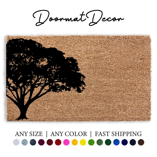 Oak Tree Silhouette Doormat, Flocked Coir Outdoor Welcome Mat, Personalized Door Custom Plant Gift
