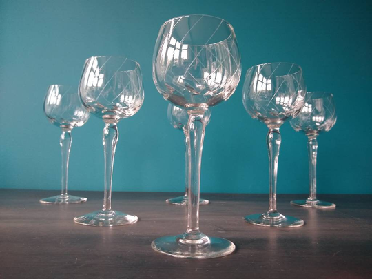 Six Cut Glass Hock Wine Glasses - Alsace Mid Century Cut/Etched