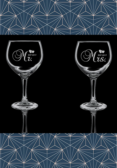 Set Of 2 Mr & Mrs Engraved Balloon Gin Glasses.beautiful Etched Glass. Personalised With Any Name. Design Won't Wear Off Like Vinyl.78
