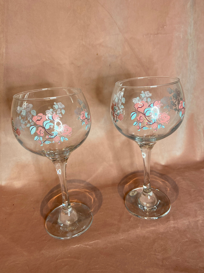 Beautiful Set Of 2 Gin Glasses.coctail Glasses With Painted Flowers.unique Shape Glasses