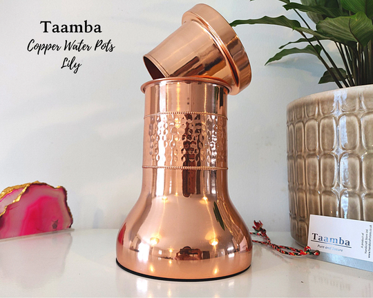 Handmade Pure Copper Pot With Cup, Lily Design, Health Benefits - Anniversary, Birthday Gifts, Mother's Day Gift