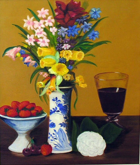 Mother's Day Impressionist Original Still Life Oil On Canvas 14 X 12 Framed Ready To Hang Daffodils Roses Wine Glass Blue Vase Strawberries