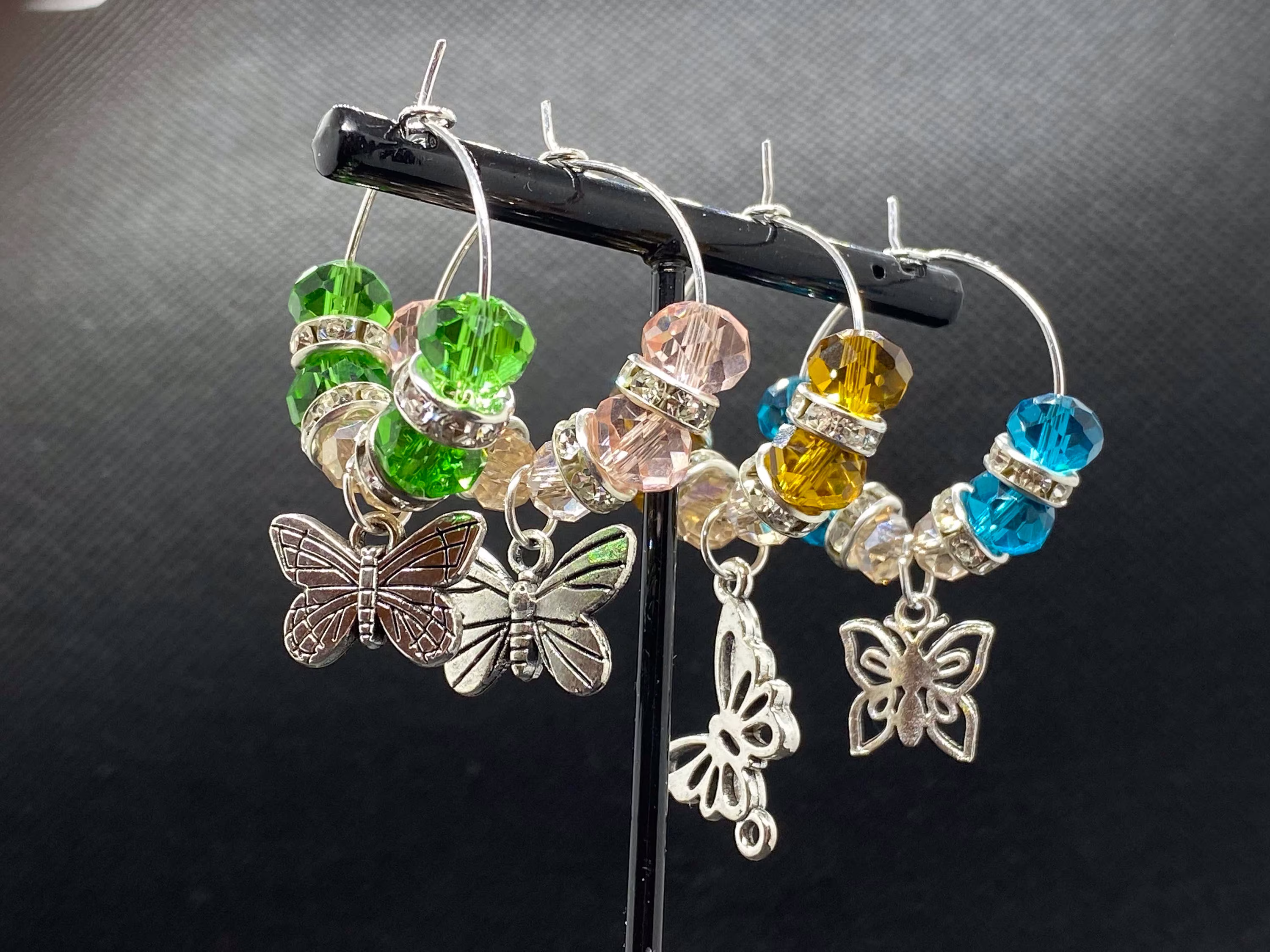 Wine Glass Charms With Sparkly Beads & Butterfly Charms, Set Of 4