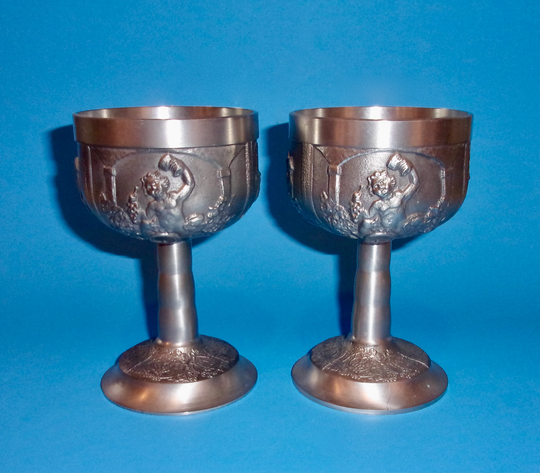German Pewter Goblets Pair Vintage Guetezeichen Zinngerat Ral Horse Crown Mark Grenningloh Wine Chalice Cherub God Grapes Singing Tavern