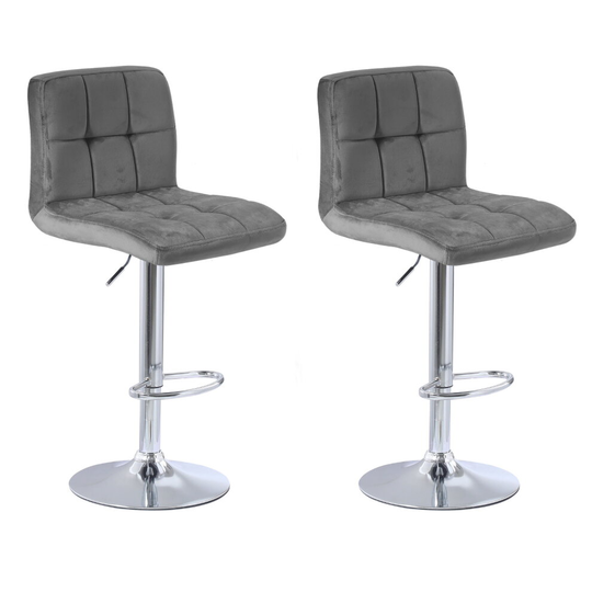 (Velvet Grey) 2x Charles Jacobs Cube Style Adjustable Breakfast Bar Stool with Footrest Pair