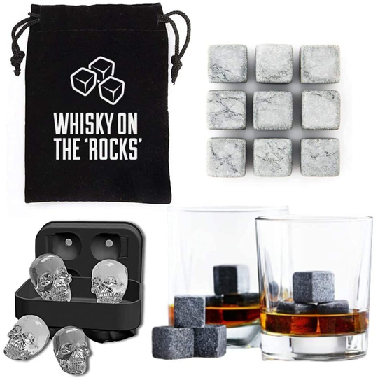 (Dark Grey Stones) Whiskey Stones Gift & Skull Ice Cube Tray