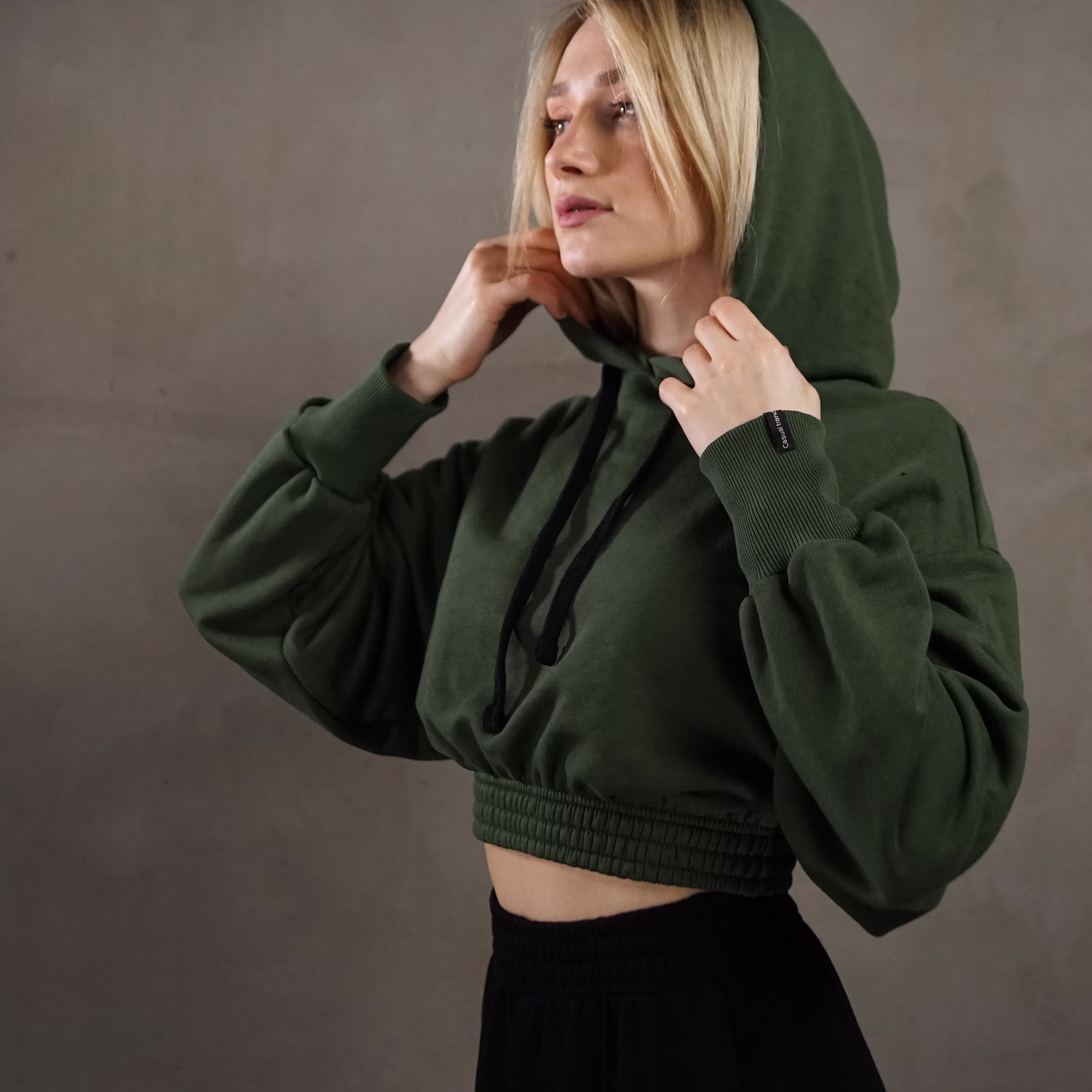 Dark Green Hoodie Crop Top, Oversized Women Cropped