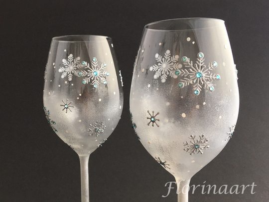 Snowflake Wine Glasses, Winter Wedding Christmas Gift Silver Anniversary, Glasses, Set Of 2