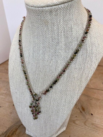Tiny Multi-Colored Stone Beads On Sterling Silver Necklace/Boho Art Nouveau