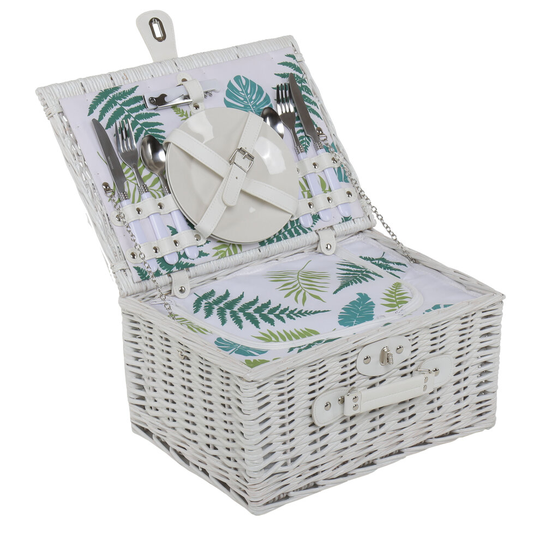 Charles Bentley 2 Person Wicker Picnic Basket White Leaf Print Hamper with Plates Wine Glasses Cutlery Country Lunch