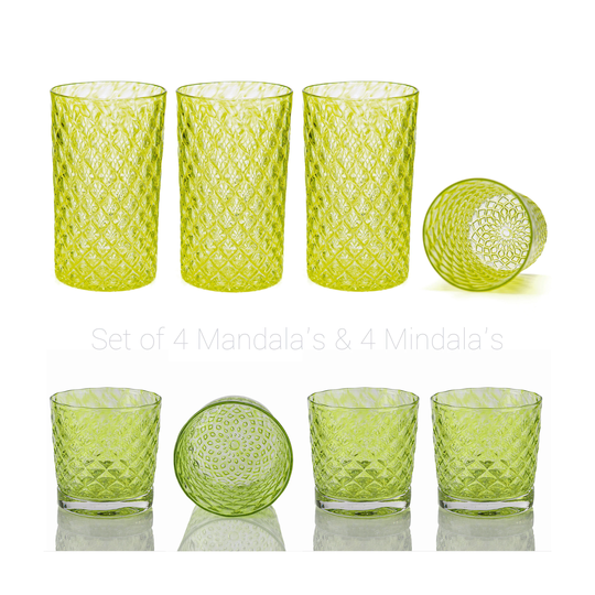Lime Mindala & Mandala Glass Set Of 8 - Handblown Glassware | Blown Tumblers Colorful Drinkware Cocktail Glasses Wedding Decor