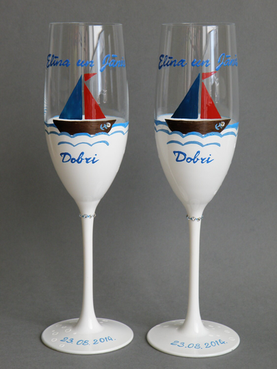 Hand Painted Toasting Flutes Set Of 2 Personalized Champagne Glasses Sailing Boat With Crystals