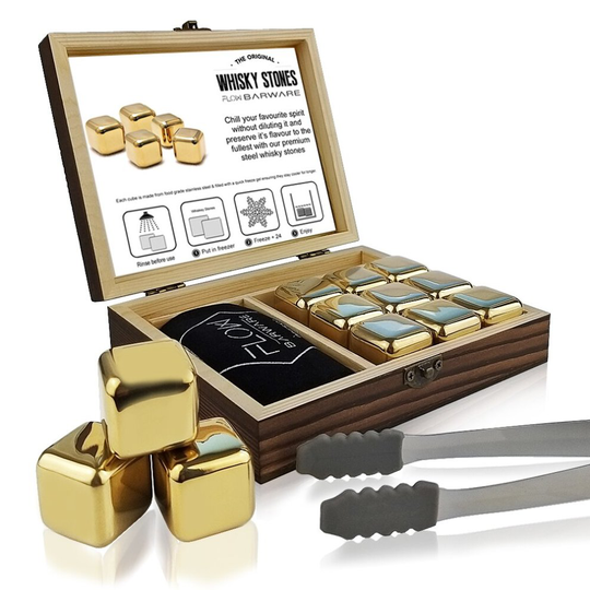 Gold Stainless Steel Whisky Stones Gift Set with Wooden Presentation Box | Ice Cube Chilling Stone Rocks, Metal Reusable Ice Cubes