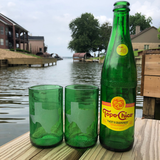Texas Recycled Topo Chico Bottle Glasses | Pair Of Glasses | Fire Glazed Edge Upcycled | Eco Gift