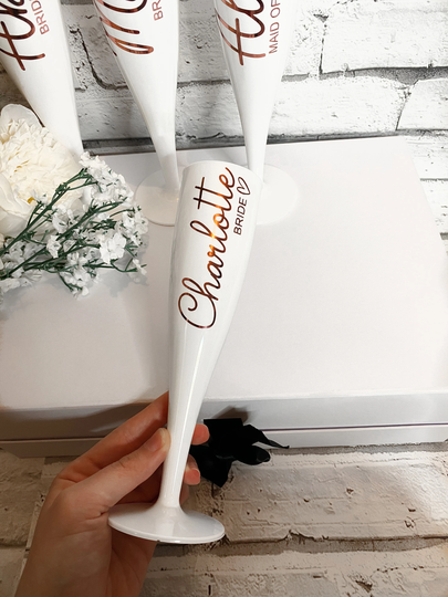 Personalised Champagne Flute - Wine Glass White Lightweight Plastic Bridesmaid Maid Of Honour Bride Flower Girl Noooo
