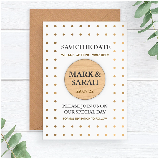 Polka Dot Wedding Save The Date Cards - Personalised Modern Wooden Fridge Magnet Spring Summer Autumn Winter