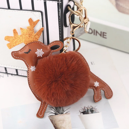 Christmas Decoration-Reindeer Pompom Keychain-Adorable Reindeer KeychainsRed-Nosed Reindeer-Rudolph Keychains
