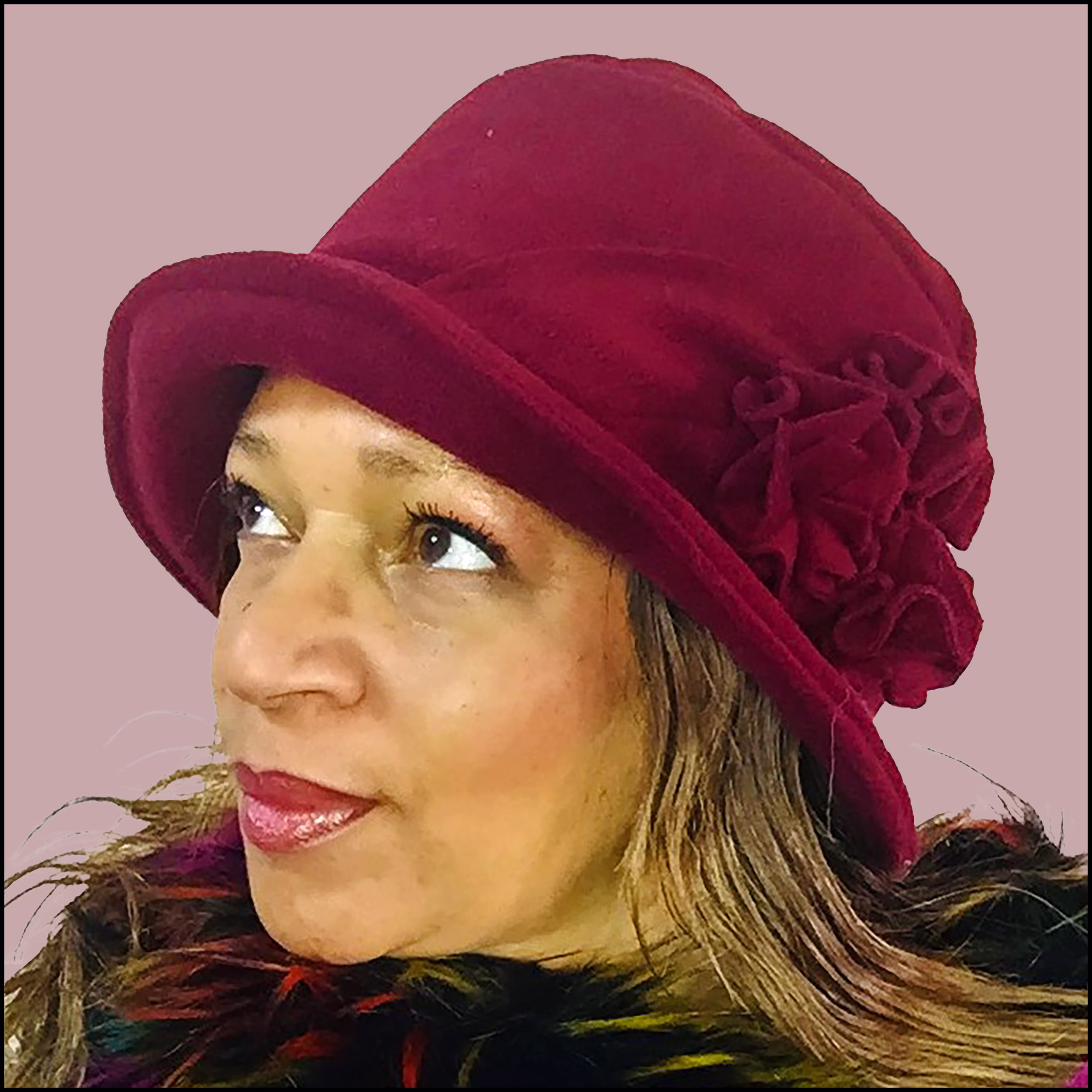 Cosy Polar Fleece Winter Hat For Women in Warm Burgundy Red - Rainproof Too Vintage 1920S Cloche Style With Flower Trim, One Size Fits All