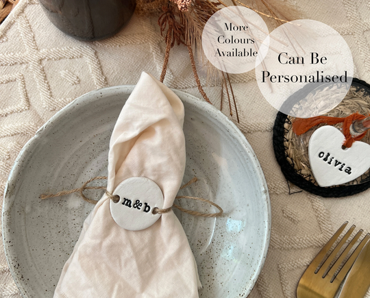 Personalised Napkin Tie - Ring Clay Place Names Wedding Table Decorations Favour Hen Party Gift Name Keepsake
