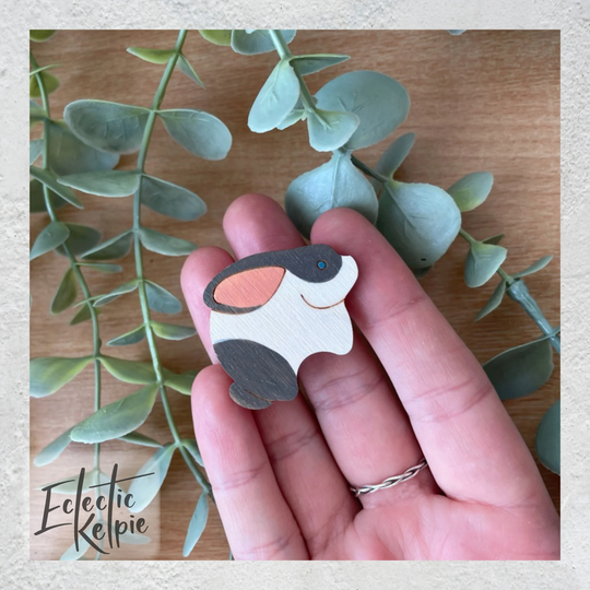 Hand-Painted Rabbit Brooch/Fridge Magnet - Laser Cut Birch Wood Scarf Pin Gift/Office Organisation Cute, Contemporary & Stylised
