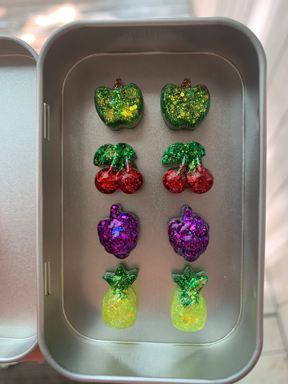 Fruit Magnet Set | 8, Chunky Glitter, Apple Cherry Pineapple Berries, Home Decor, Resin Art