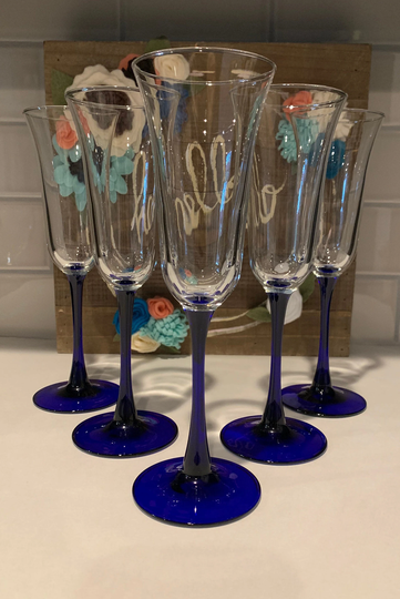 Vintage Fluted Champagne Americana Blue By D'arques-Durand | Stem Glasses A Set Of Six