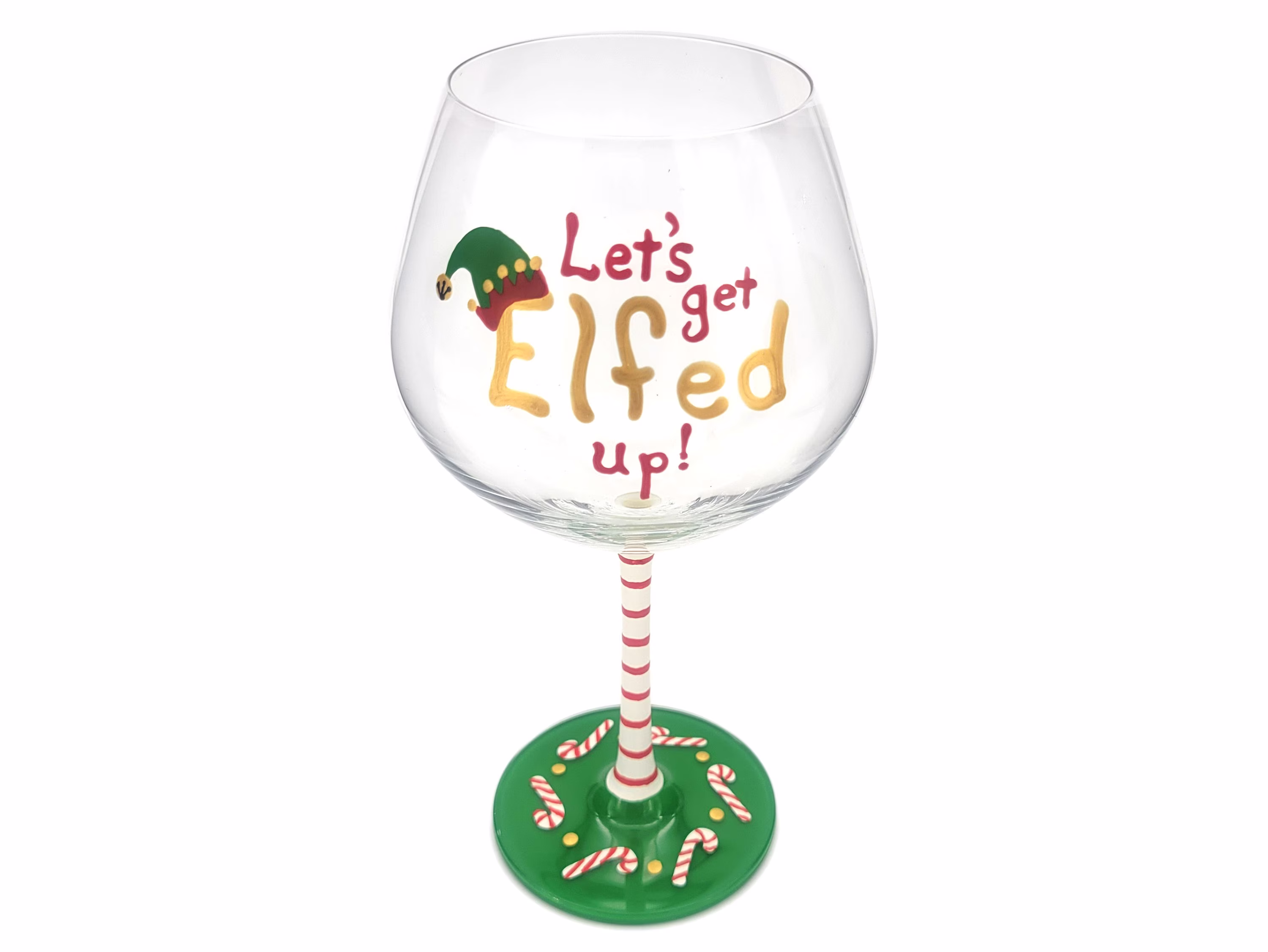 Elf Hand Painted Wine Glass - Christmas Theme Holiday Glasses Let's Get Elfed Up Candy Canes Stemmed, Stemless