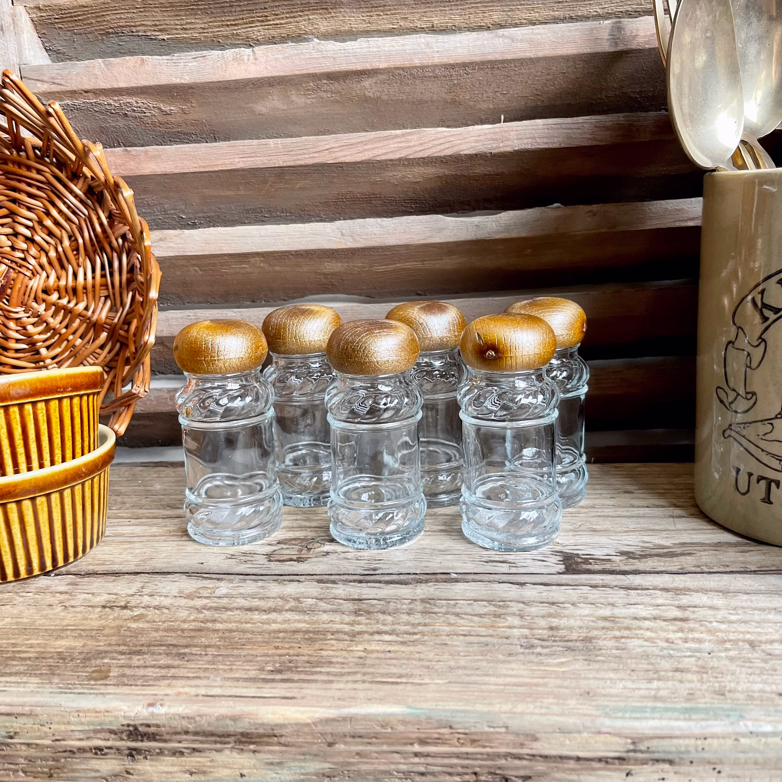 Set Of 6 Vintage Glass Spice Jars With Wood Effect Screw Tops