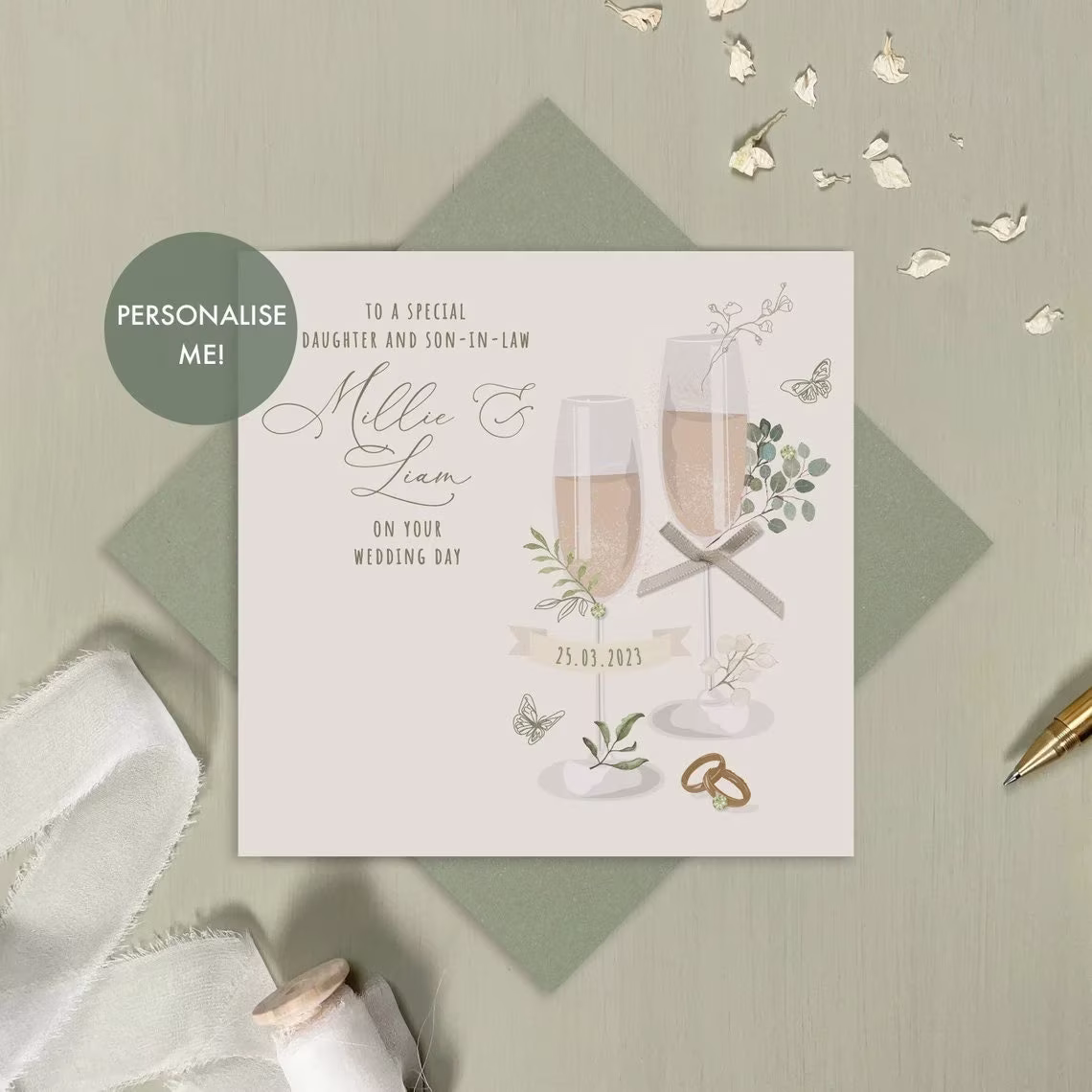 Handfinished Botanical Personalised Wedding Card With Green Crystals & Satin Bow
