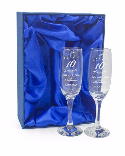 10Th Anniversary Gift Personalised Engraved Champagne Flutes X 2