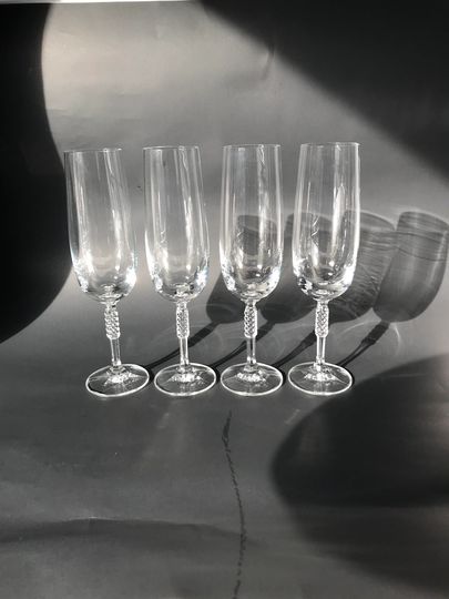 Set Of 4 Crystal Diamond Point Stem Pattern Tall Champagne Flute Flutes/Glasses Possibly By Inn Austria