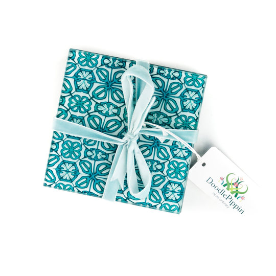 Turquoise Glass Coasters - Turkish Flower Design Pretty Greeny Blue Mug Mats White Decor Wine Glass Coasters Dining Table Decor