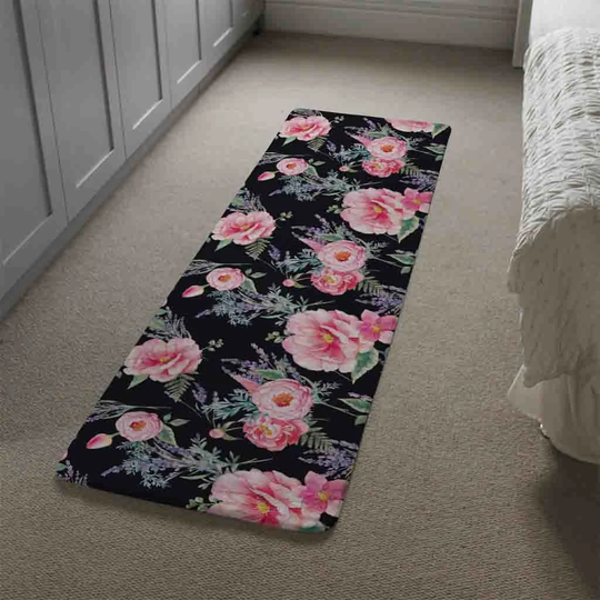 Leflore Watercolour Painting of Flowers Designer Shaggy Black/Pink/Green Rug