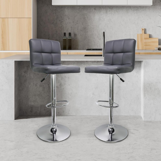 set of two bar stools with adjustable chrome legs in grey