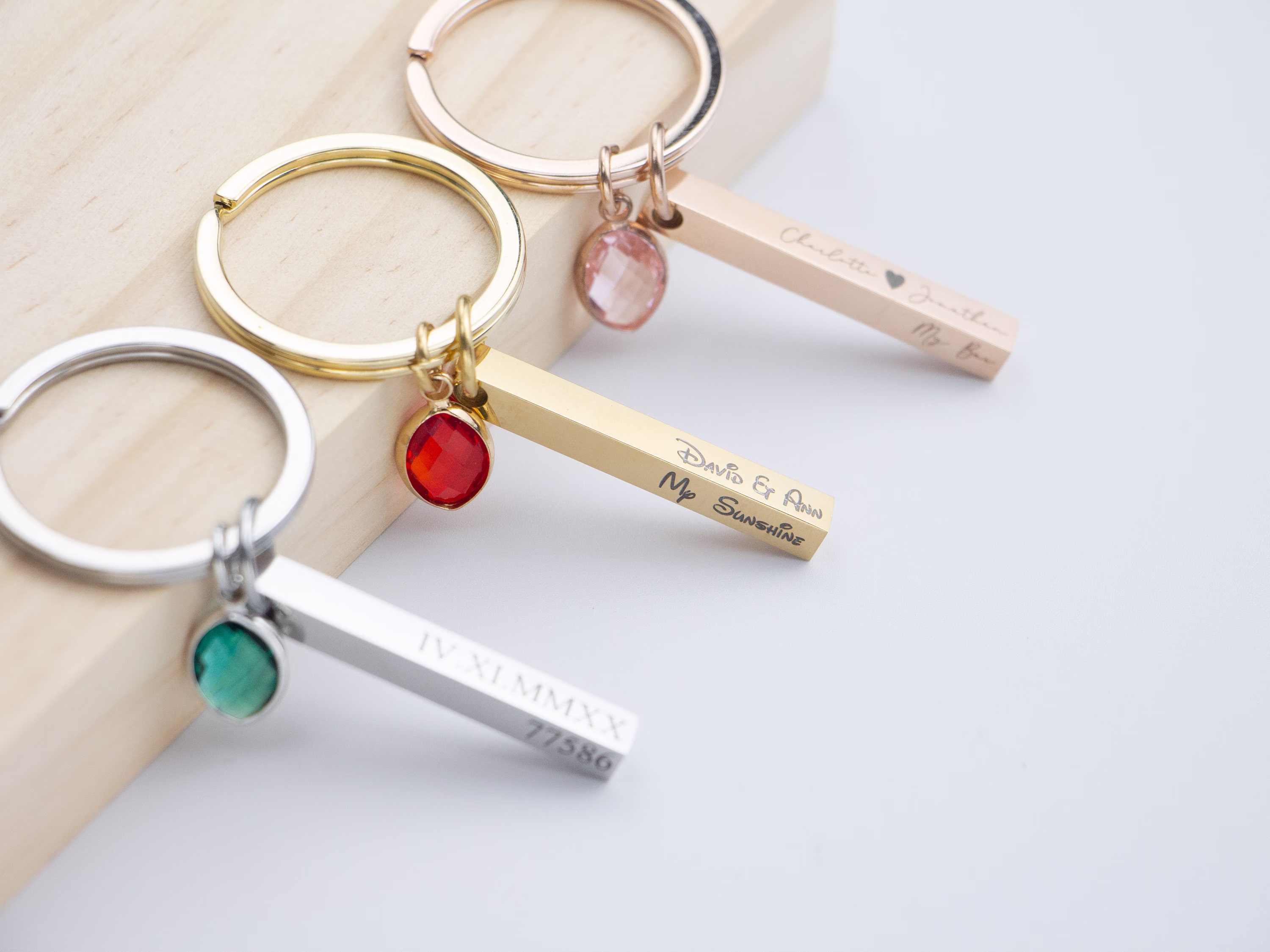 Personalized Engraved Bar Keychain With Birthstone in Gold/Silver Rose Gold, Crystal Glass Custom Shaker Key Chain Gifts