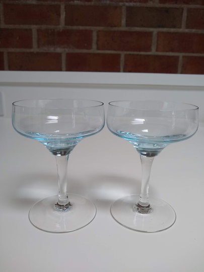 Pair Vintage Sasaki Champagne Coupes, Martini Glasses, Azure Blue With Clear Stems, Wedding Glasses