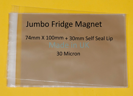 Jumbo Fridge Magnet 74mm X 100M + 30mm Self Seal Lip Clear Cello Display Bags - 30 Micron
