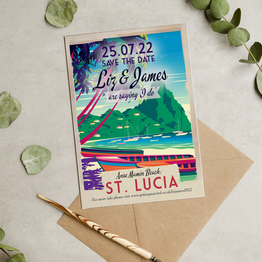 st Lucia Beach Vintage Postcard Destination Wedding Save The Date Cards & Envelopes