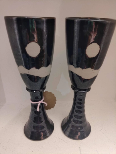 Black & White Vintage Boho Studio Pottery Wine Glasses Tumblers