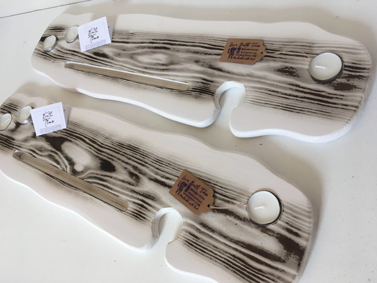 80cm Live Edge Style Curvy Zebra Grey Black White Bath Board/Shelf Caddy - With Wine Glass Tealights & Phone Slots