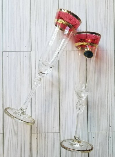 Vintage Franco Italy Crystal Wine Flutes Cranberry & Gold