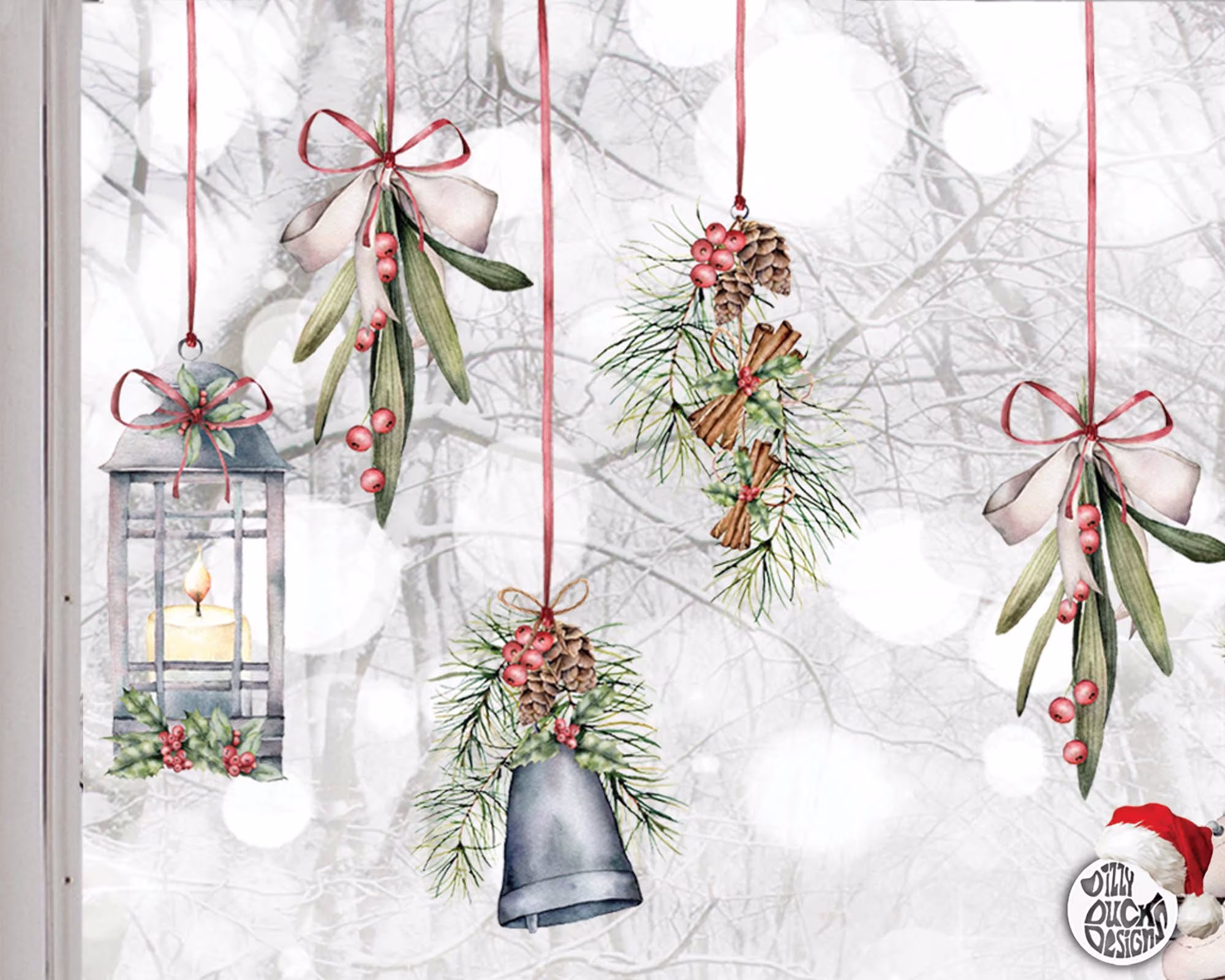 7 Christmas Window Decal Stickers Watercolour Vintage Xmas C;ing Décor By Dizzy Duck - Red