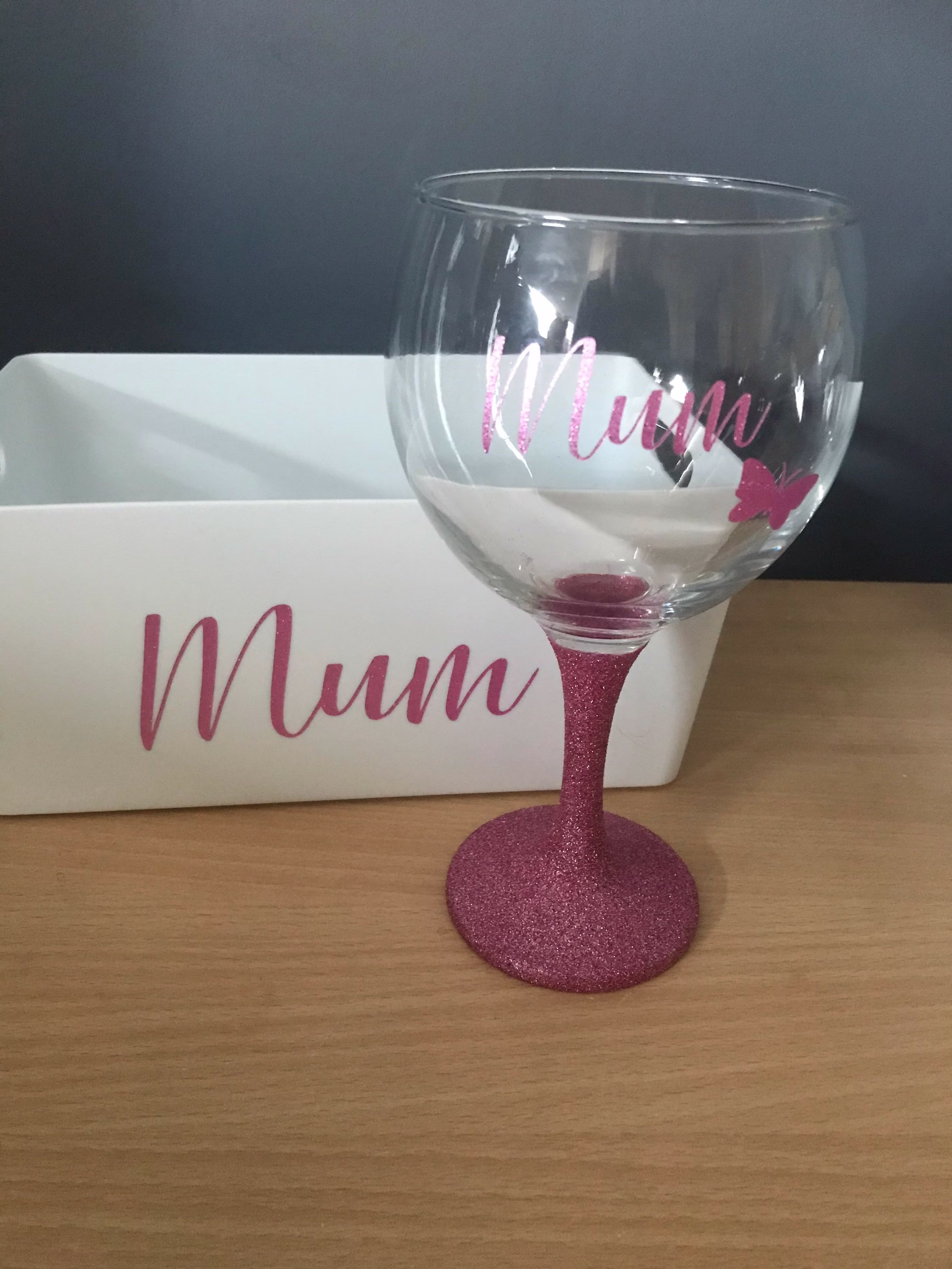 Mums Gift Set Medium Size Wham Storage Box & Mum's Gin Glass Pink Glitter Or Plain Stem Personalised Easter