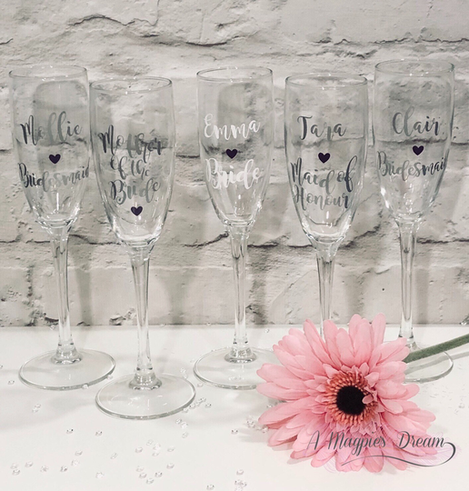 Personalised Wedding Bridal Party Champagne Glasses Flutes Prosecco Glass, Gift Ideas For Maid Of Honour, Mother Bride & Bridesmaids