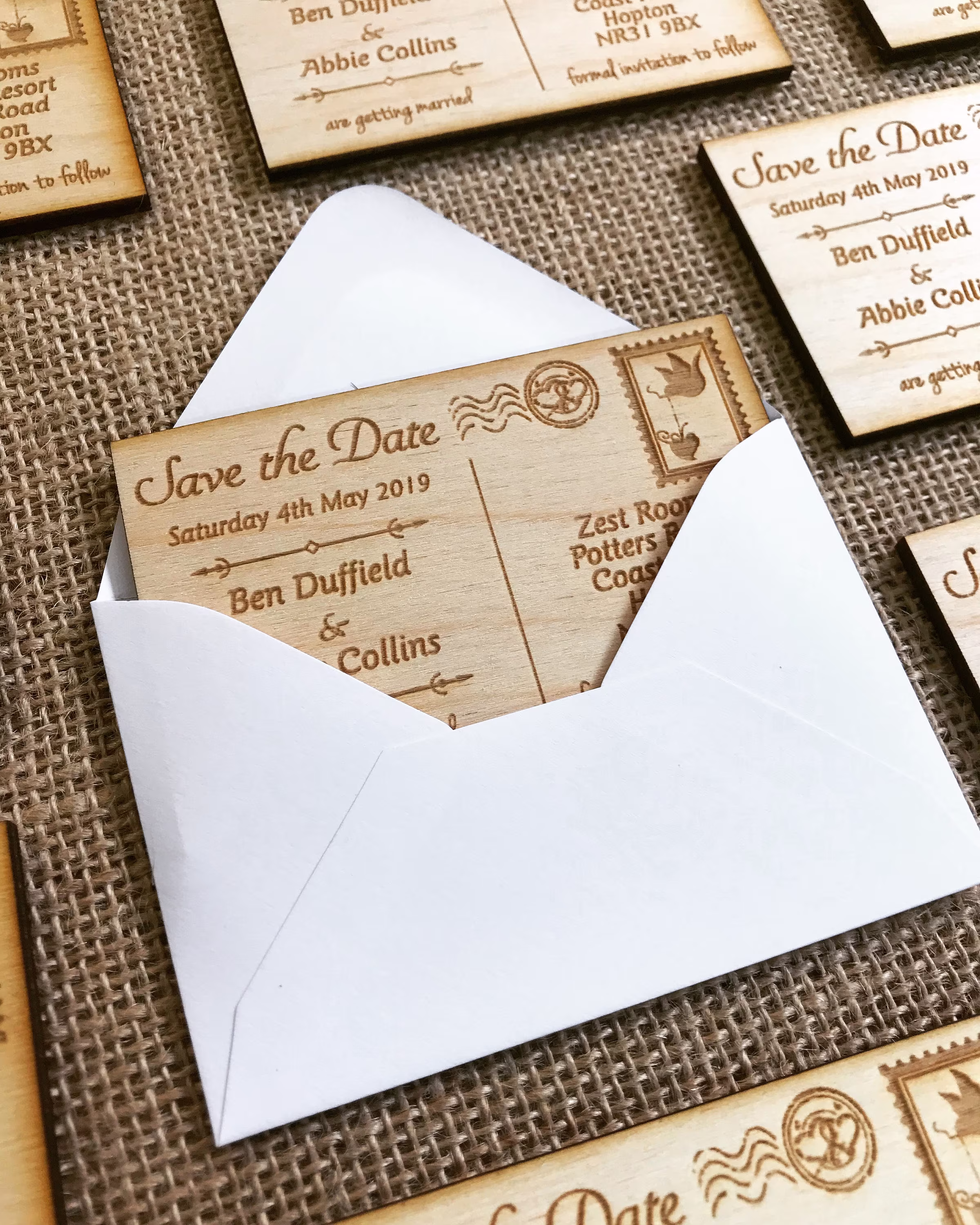 Personalised Rustic Engraved Save The Date Postcard Magnets Abroad Wedding Invitation Pack